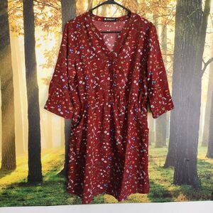 Allegra K Womens M Dress Floral Button Top 3/4 Sleeve Mini W/ Pockets Burgundy
